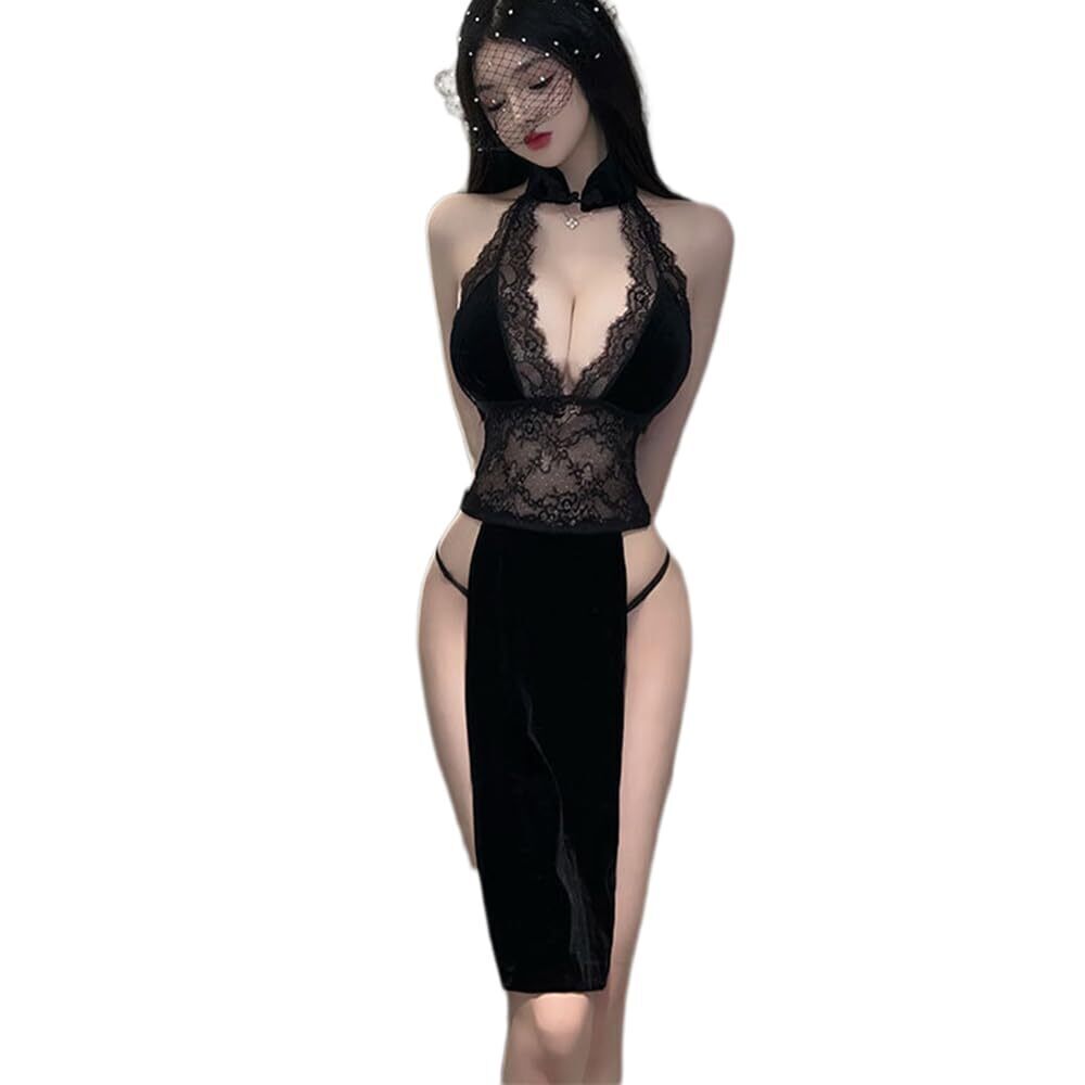 8046 cosplay sexy high slit cheongsam underwear lace mesh velvet Chinese